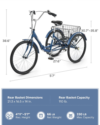 VIRIBUS Foldable Adult Tricycle, 7 Speed Folding Tricycle for Adults with Removable Wheeled Basket, Folding 3 Wheel Bikes for Adults Men Male Seniors 24 inch, Collapsible Trike 330 LB. Blue