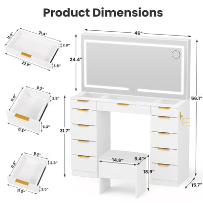 Pamapic Glass Top Vanity Desk with Mirror and Lights, 11 Drawers Makeup Vanity with Charging Station and Chair, Golden Handles Dressing Table, 3 Lighting Modes Makeup Table, White