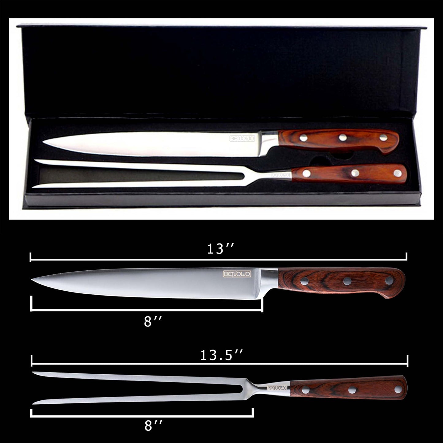 Benowo Carving Knife Set 2-Piece, 8-inch Turkey Carving Knife and Fork Set Stainless Steel Kitchen Knife for Steak, Hibachi Knife and Fork, BBQ Carving Fork with Gift Box – Designed in USA
