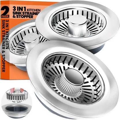 Kitchen Sink Drain Strainer & Sink Stopper, Upgraded 3 in 1 Stainless Steel Drain Plug Combo with Anti-Clog Basket, Pop Up Drain Cover for Standard 3-1/2'', Fits Double Bowl Kitchen Sinks