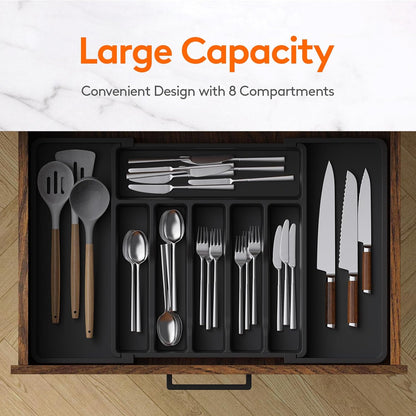 Lifewit Drawer Organizer Set - Expandable Plastic Storage for Silverware & Cooking Utensils | BPA-Free, Black