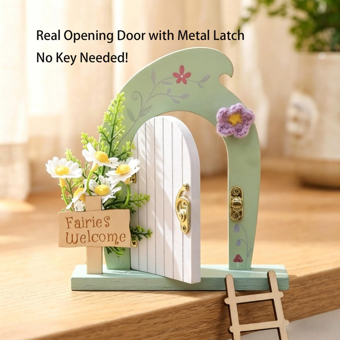 Fairy Door Kit that Opens with Mystery Fairy Figurine and Light-up Street Lamp for Desktop Garden, Opening Wooden Tooth Fairy Door for Wall Miniature Fairy Garden Set 29 Pcs