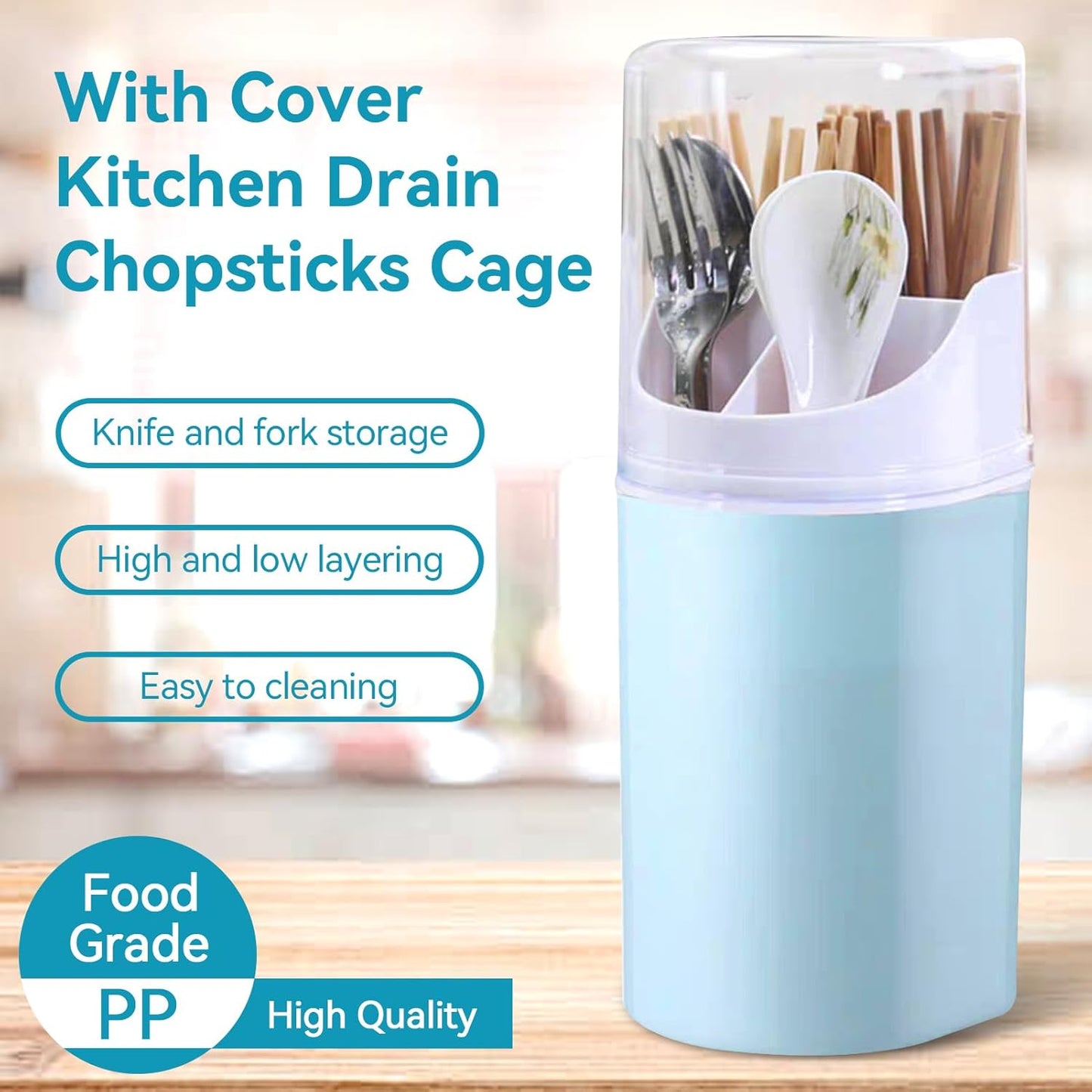 Blue Kitchen Utensil Holder with Cover, 4 Compartment Wall-Mounted Plastic Silverware Holder, Utensil Drying Rack for