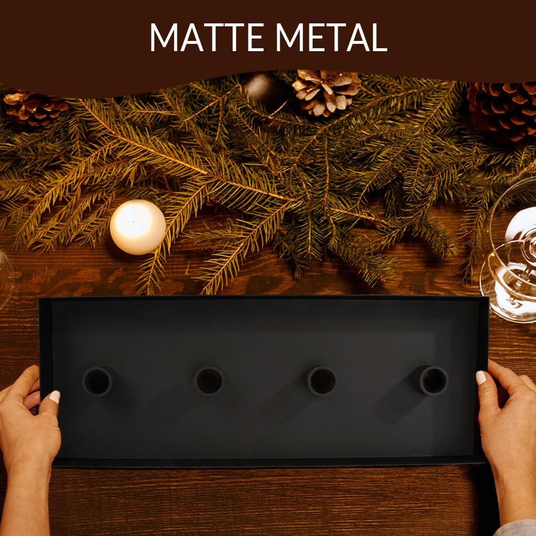 TELOSMA Advent Candle Holder - Matte Black Iron Tray for 4 Taper Candles | Perfect for Thanksgiving & Christmas Decor