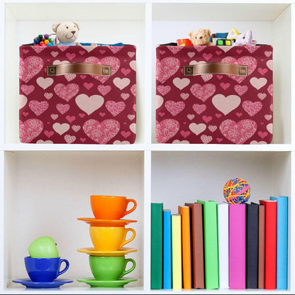 Happy Valentine's Day Storage Basket, Fabric Kitchen Bins in Pink Purple Love Heart, Foldable Organizer Bag, 16×12×8