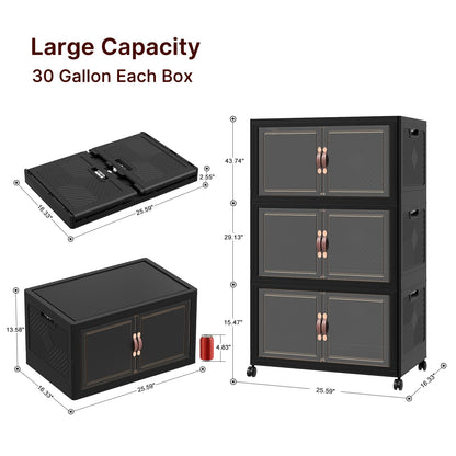 UAMFURI Stackable Storage Bins with Lids,720QT Closet Organizers, Lockable Storage Cabinet，Foldable Storage Box with Doors and Wheels, Plastic Drawers for Home, Garage, Office (6, Black, Large)