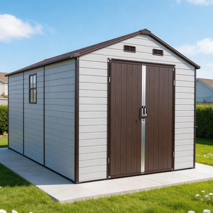 FammyLoft 8x14 FT Resin Storage Shed with Floor, Lockable Outdoor Storage with Vents, 2 Windows, Aluminum Frame for Backyard Garden Patio Lawn, All-Weather Use (Brown+White)