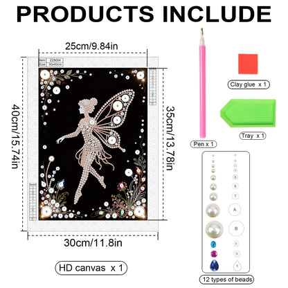 Focart DIY Pearl Diamond Painting Black and White Art Kits, Butterfly Fairy Pattern Round Half Pearls Rhinestones Diamond Dots Paintings Arts Craft Gift Home Decor for Beginners 15.74x11.8in
