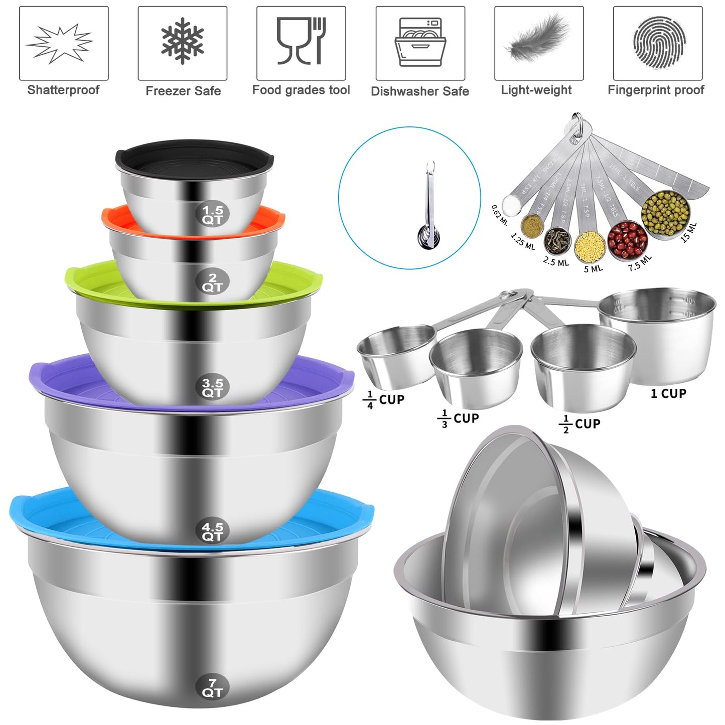 WEPSEN Mixing Bowls with Lid Set, 25PCS Kitchen Utensils Metal Bowl Stainless Steel Nesting Bowls, Measuring Cups and Spoons, Egg Whisk for Baking Prepping Cooking Serving Supplies