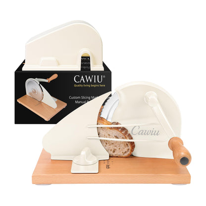 CAWIU Upgraded Manual Bread Slicer for Homemade Sourdough Bread - Adjustable Thickness Bread Cutter with Hand Crank, Suction Cups, Slicing Guide, Scale Line & Cover, for Perfect Even Slices (Cream)