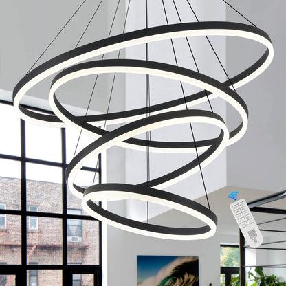 XGZL · LIGHTING 4-Rings Modern LED Chandelier Black Contemporary for Living Room, Dimmable Flush Mount High Ceiling Pendant Light with Remote Control for Staircase Dining Room(D31.5’’, 3000K-6500K)