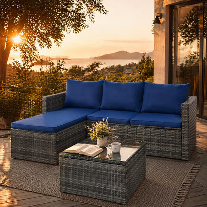 SUNLEI Small Outdoor Sofa Patio Furniture Set with Detachable Cushions, 3 PCS Patio Sectional Sofa with Coffee Table & 5 Position Adjustable,PE Rattan Patio Conversation Set, Silver Rattan/Royal Blue