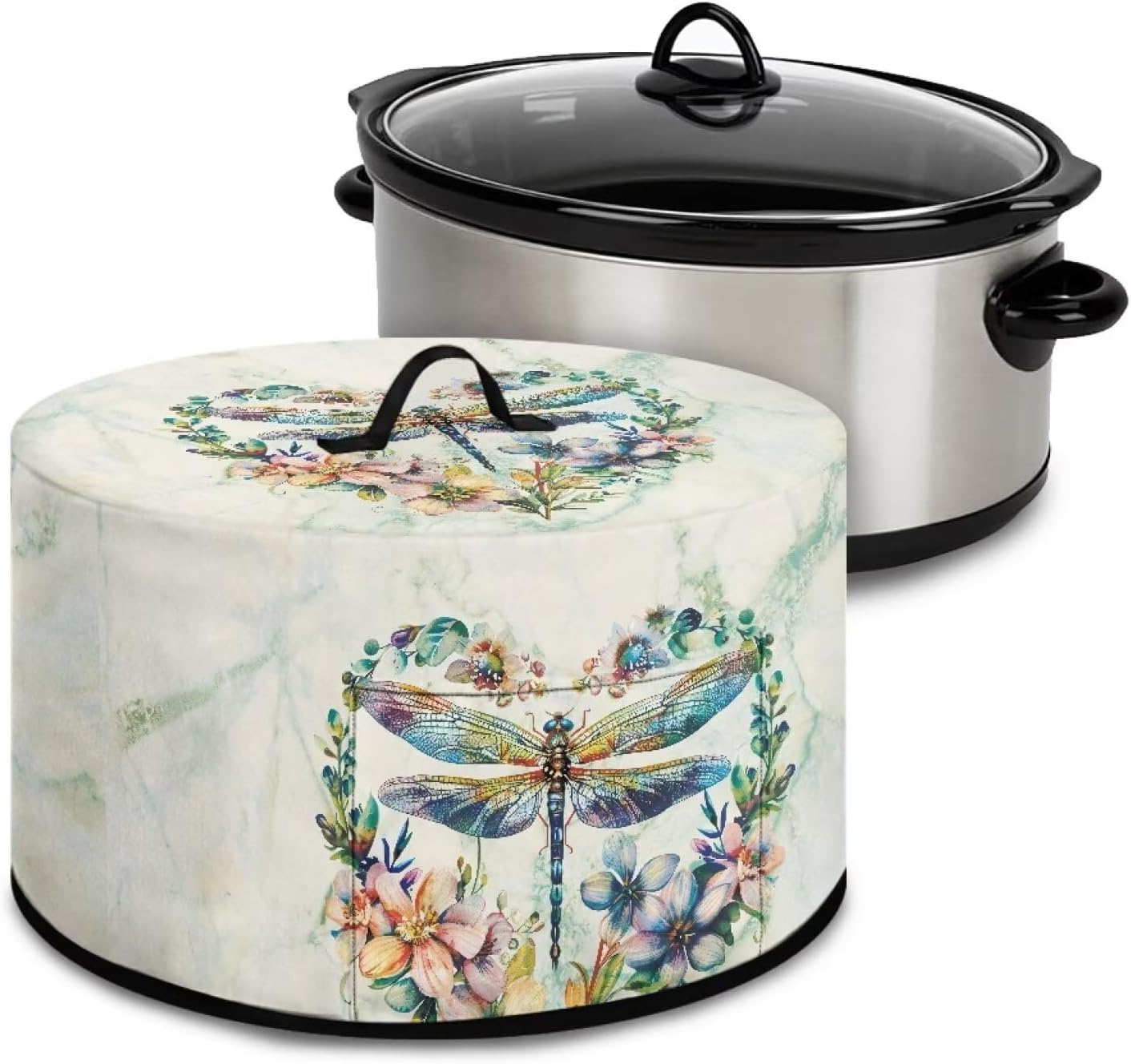 Dragonfly Floral Slow Cooker Dust Cover, Washable Appliance Cover for 6, 7, 8 Quart Oval Crock Pot