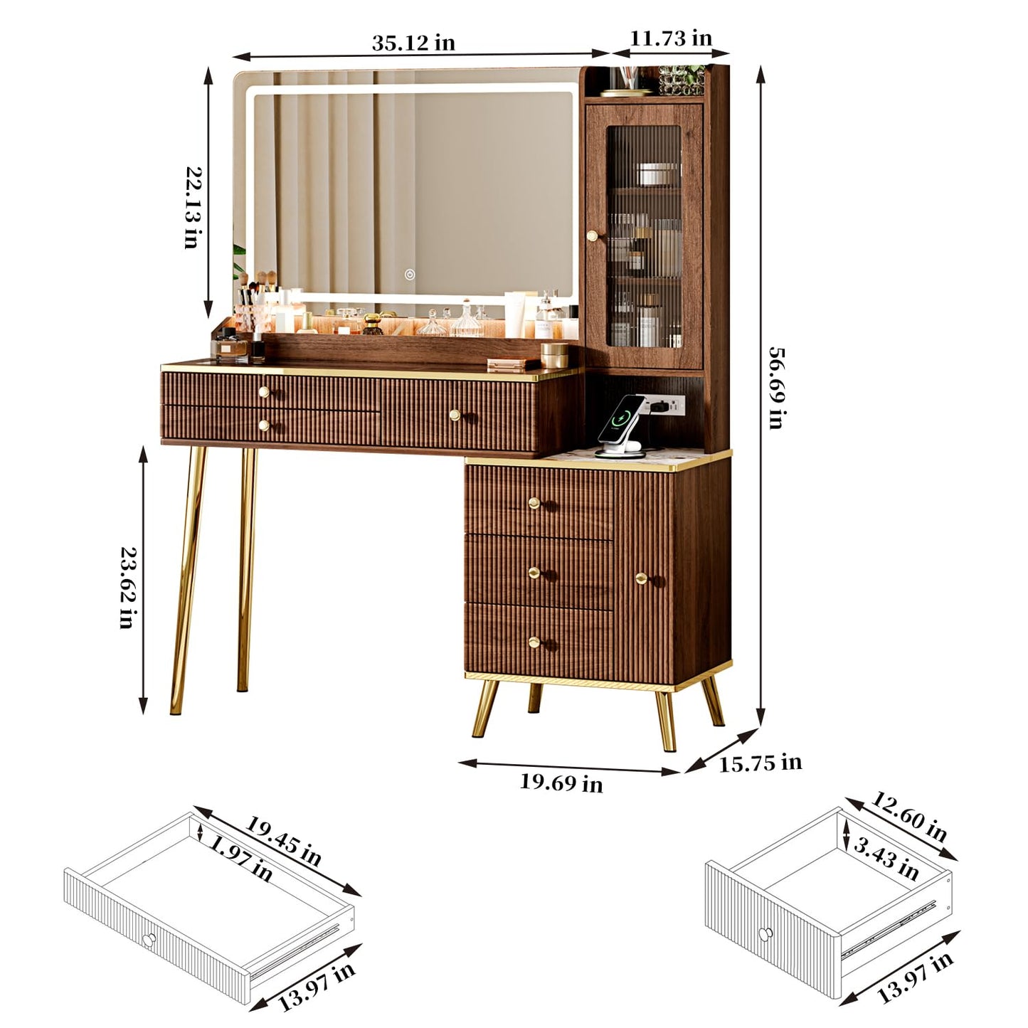 Arulvmrn Vanity Desk with 35.12" HD Lighted Mirror, 46.85" Big Modern Vanity Desk with Mirror and Lights, Makeup Vanity with 7 Drawers and Storage Shelves and Charging Station, Walnut
