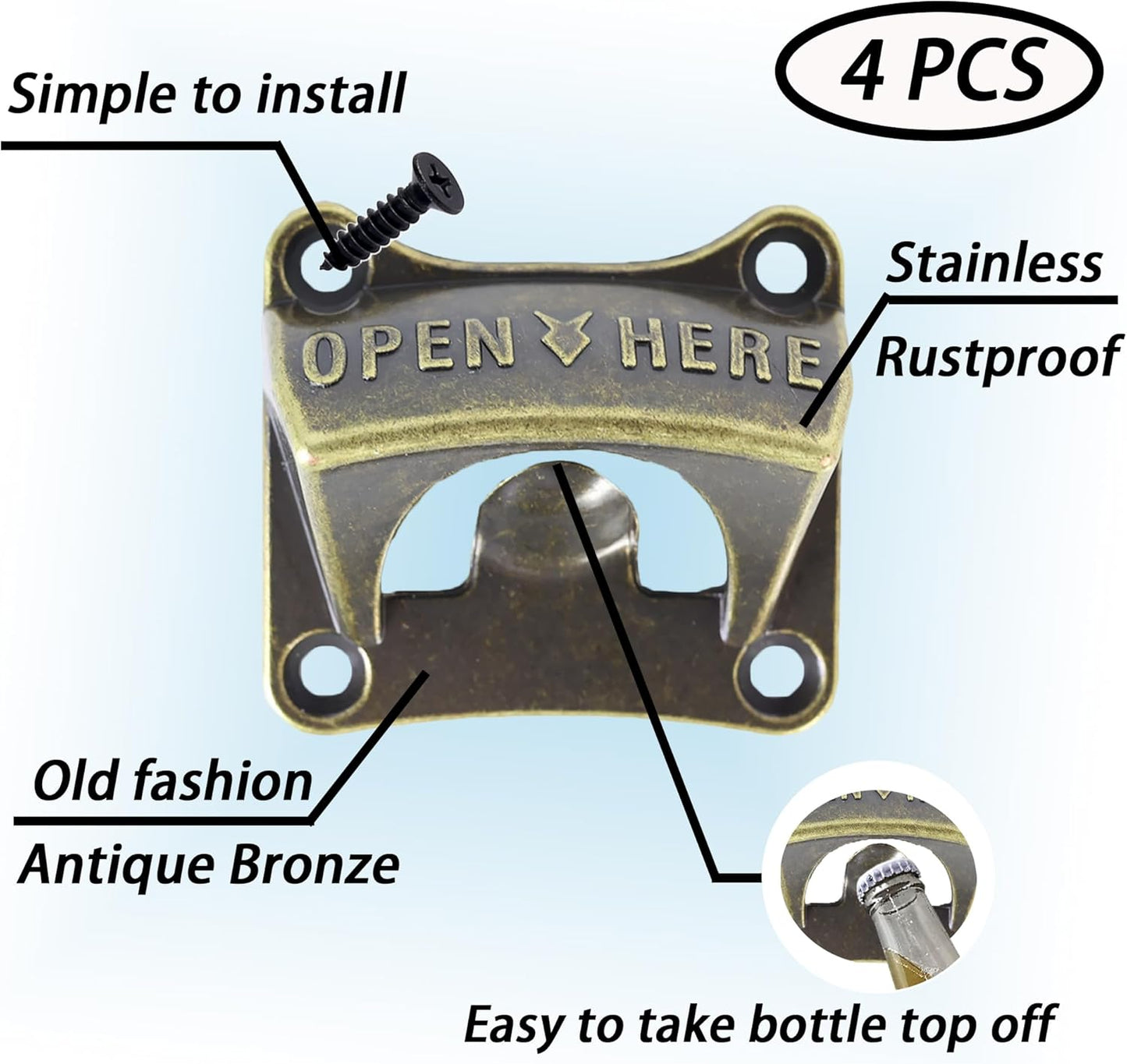 Vintage Square Wall Mounted Bottle Opener, Stainless Beer Cap Opener Antique Bronze (Pack of 4)