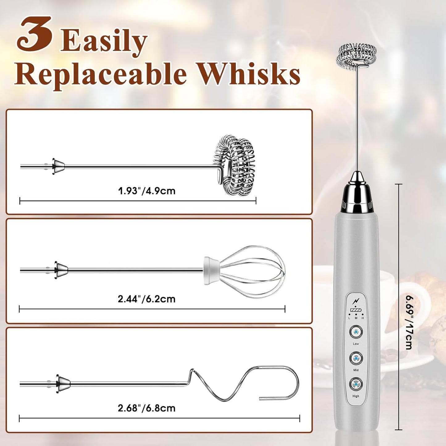 Rechargeable Milk Frother Handheld, Electric Foam Maker Wand, 3 Stainless Whisks, Drink Mixer for Lattes, Cappuccino