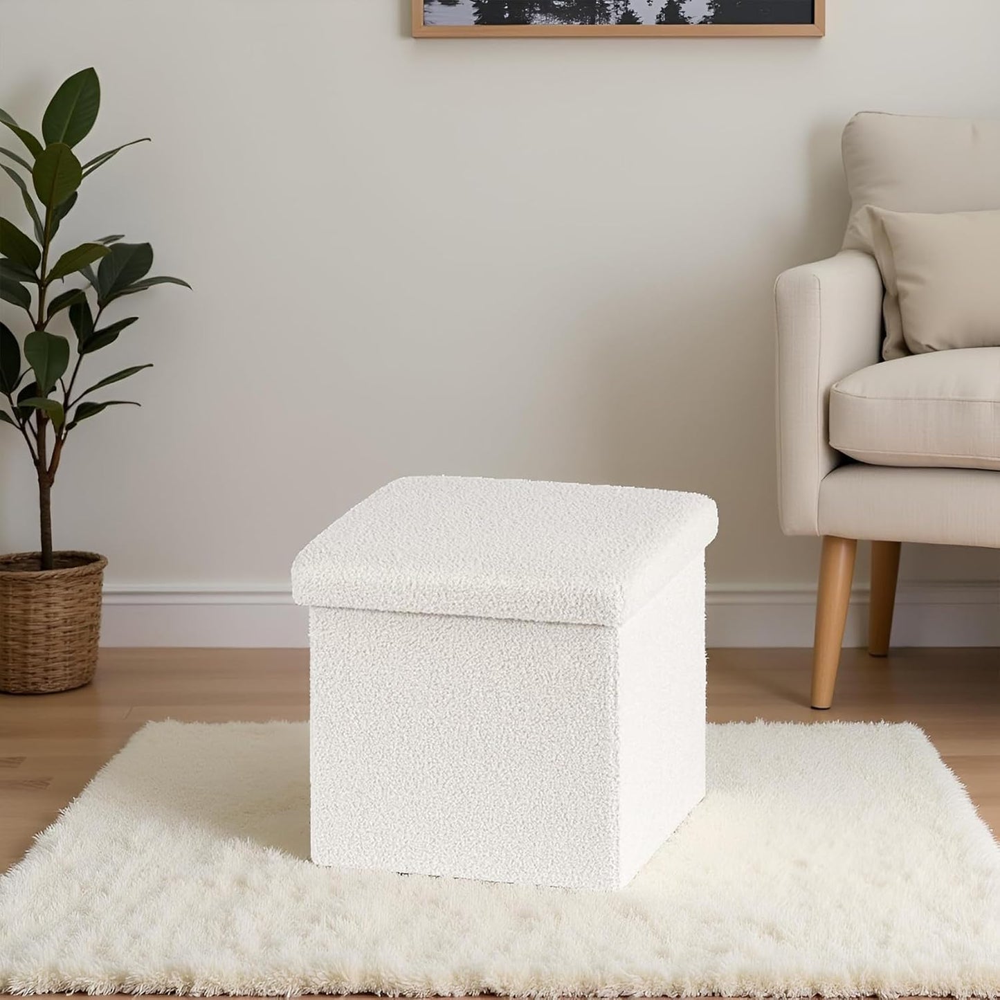 15 Inches Bedroom,15" 15" 15" Small Storage Ottoman - Square Ottoman with Sherpa Top,Storage Bench for L x W x H-White