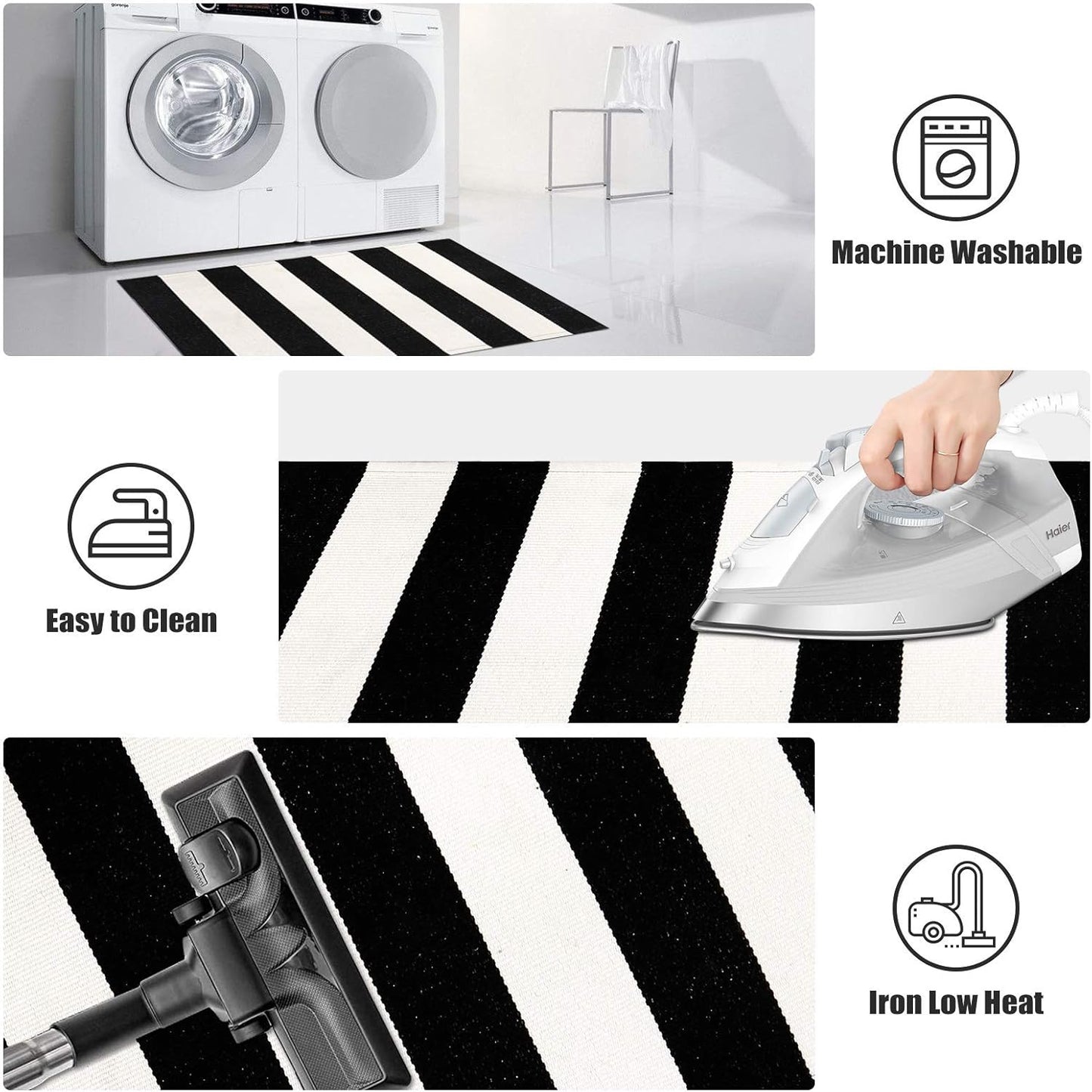 LEEVAN Black and White Striped Door Mat, 2'x4', Washable Reversible Cotton Woven Rug for Indoor/Outdoor