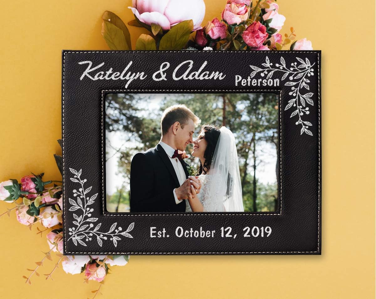 Personalized Newlywed Couples Leather Picture Frame - 7x5 Engraved Wedding Anniversary Gift