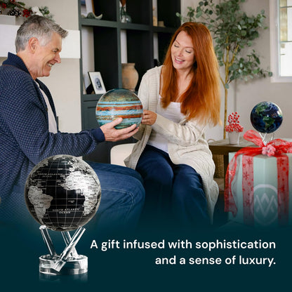 MOVA Globe - Jet Black and Silver Prestige (8.5") | Solar-Powered Rotating Desk Globe with Minimalist Map Design | No Batteries or Cords | Modern Decor Gift