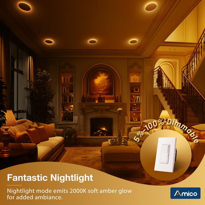 Amico 12 Pack 6 Inch 5CCT LED Recessed Ceiling Light with Night Light, 2700K/3000K/3500K/4000K/5000K Selectable Ultra-Thin Lighting, 12W=110W, 1100LM, Dimmable Canless Wafer Downlight ETL&FCC