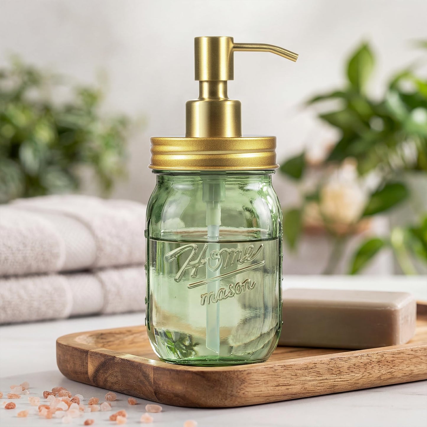 Amolliar Mason Jar Liquid Soap Dispenser, 16OZ Green Glass Hand Soap Holder, Stainless Steel Pump Lid, Refillable Lotion Dispenser, Countertop Bathroom Accessories, Kitchen Dish Soap (2 Pack, Gold)