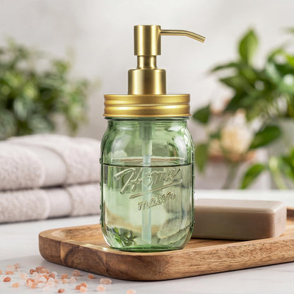 Amolliar Mason Jar Liquid Soap Dispenser, 16OZ Green Glass Hand Soap Holder, Stainless Steel Pump Lid, Refillable Lotion Dispenser, Countertop Bathroom Accessories, Kitchen Dish Soap (2 Pack, Gold)