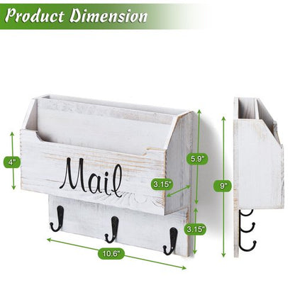 DRASTAR Mail Organizer Wall Mounted, Wooden Mail & Key Holder for Wall, Hanging Mail Organizer, Retro White Mail Basket for Home Office