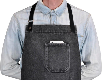'-2) Denim Apron with Pockets, Professional for Mens Womens Chef Kitchen Cooking Grill BBQ Painting Baking, Black Bib