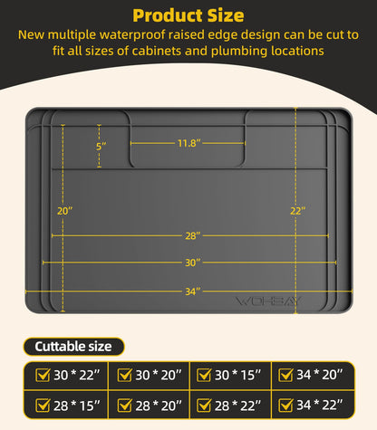 Under Sink Mats for Kitchen Waterproof, 34" X 22" Or Smaller Cut to Fit Under Sink Drip Tray for Kitchen Bathroom Cabinets, Silicone Liner Hold Up to 3.3 Gallons Liquid - Grey