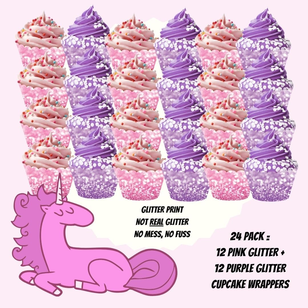 Andaz Press Party Cupcake Wrapper Decorations, Faux Pink and Lavender Purple Glitter, 24-Pack, Magical Unicorn Princess