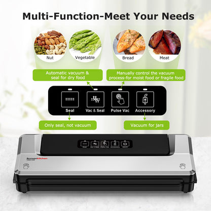 Bonsenkitchen Vacuum Sealer Machine | Compact Food Sealer for Kitchen Storage & Meal Prep | Multiple Modes | External Vacuum System | 5 Bags, Silver
