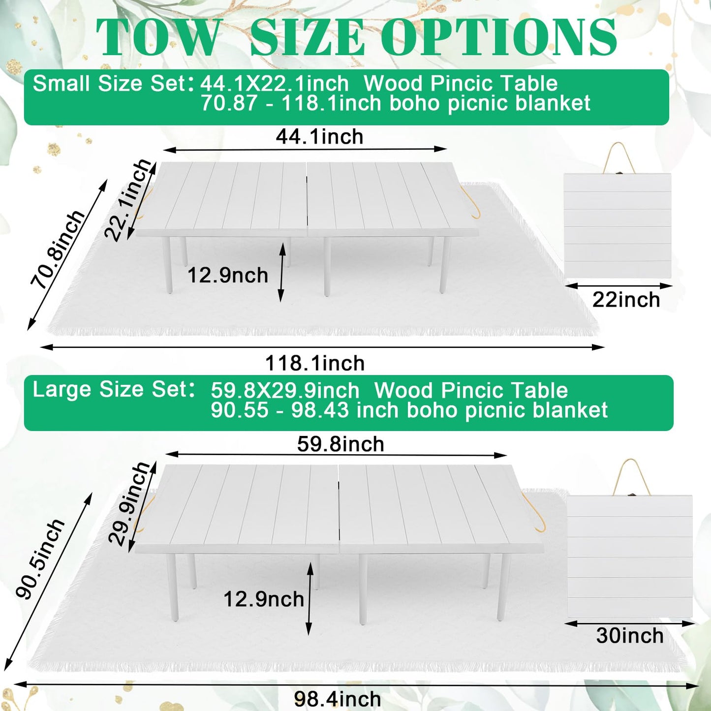 Hahafelt 2 Set Low Picnic Table, Foldable Boho Picnic Table with Extra Large Outdoor Camping Blanket Portable Boho Wood BBQ Tables for Camping Wedding Beach BBQ Party (44.1''x22.1''x12.9'',White)