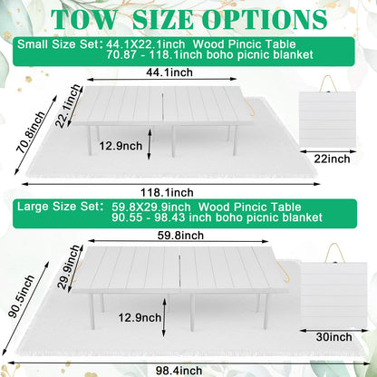 Hahafelt 2 Set Low Picnic Table, Foldable Boho Picnic Table with Extra Large Outdoor Camping Blanket Portable Boho Wood BBQ Tables for Camping Wedding Beach BBQ Party (44.1''x22.1''x12.9'',White)