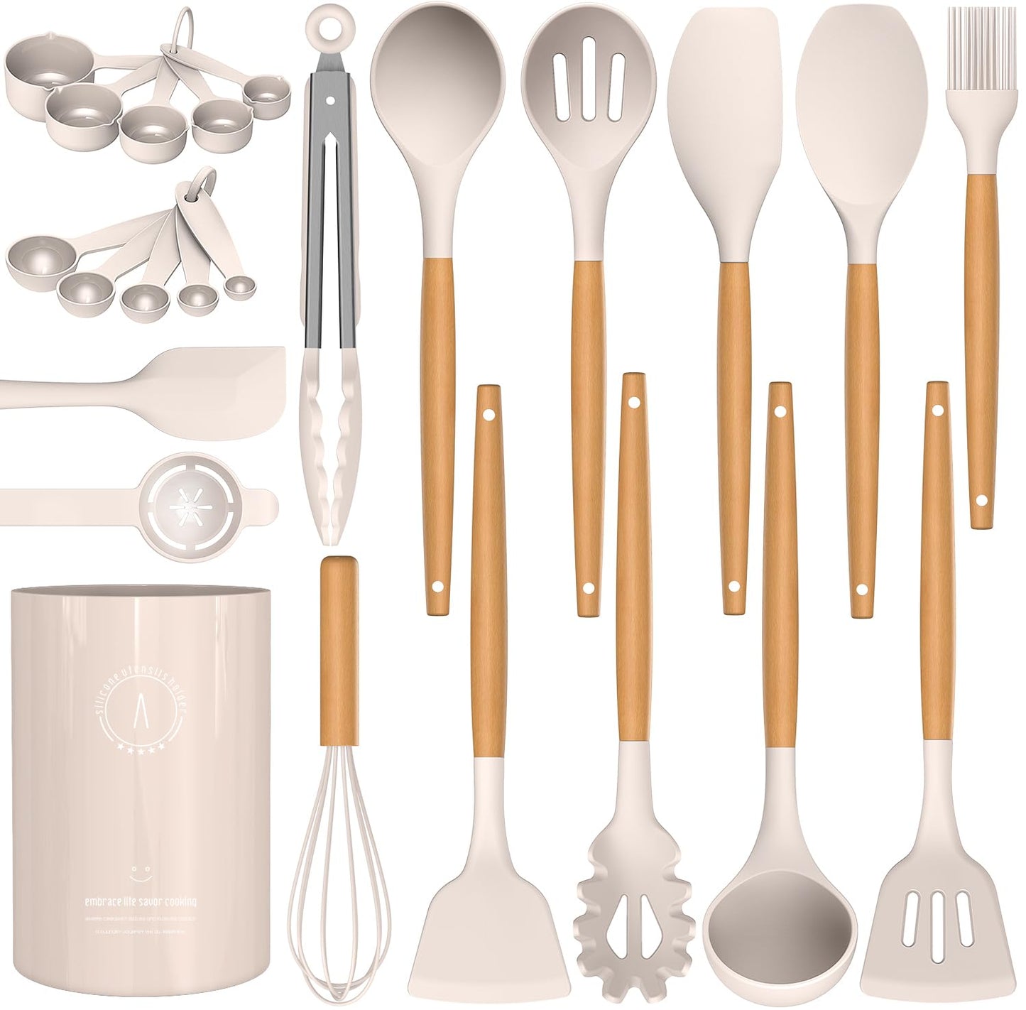 Silicone Cooking Utensils Set - AVGPD Silicone Kitchen Utensils for Cooking Wooden Handles, 446°F Heat Resistant Kitchen Utensil Spatula Sets w Holder, Gadgets for Non-Stick Cookware BPA FREE (Khaki)