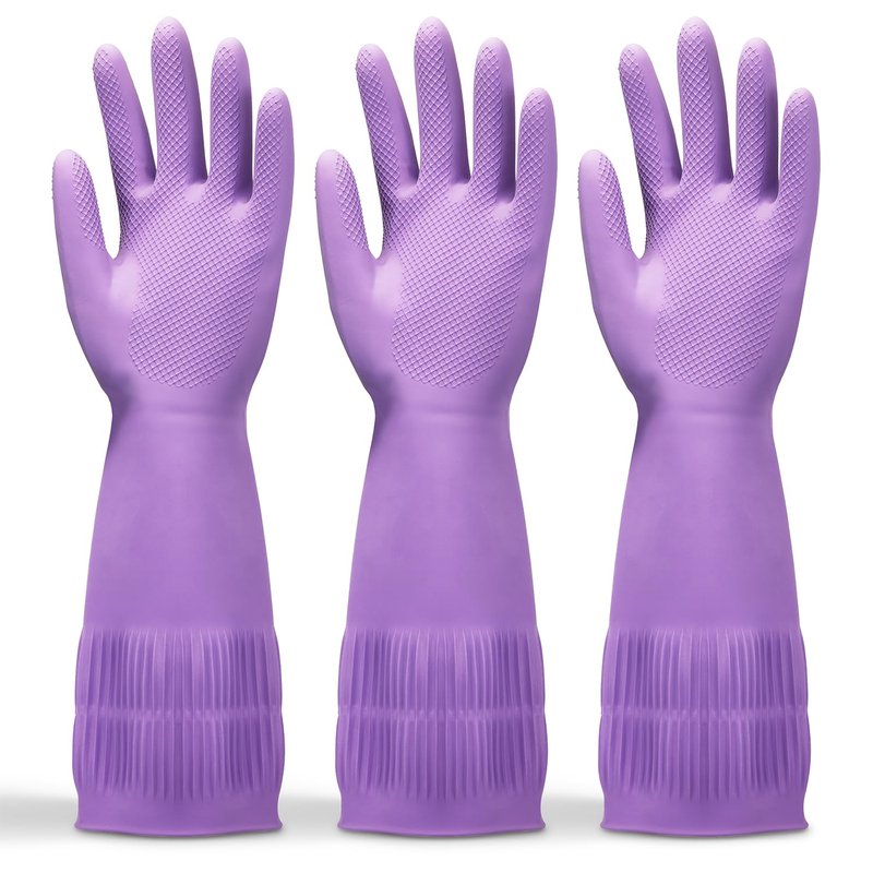 FMP Brands 3 Pairs 15 Inch Extra Long Rubber Dishwashing Gloves - Non-Slip for Cleaning, Kitchen, Bathroom, Gardening (Medium, Purple)