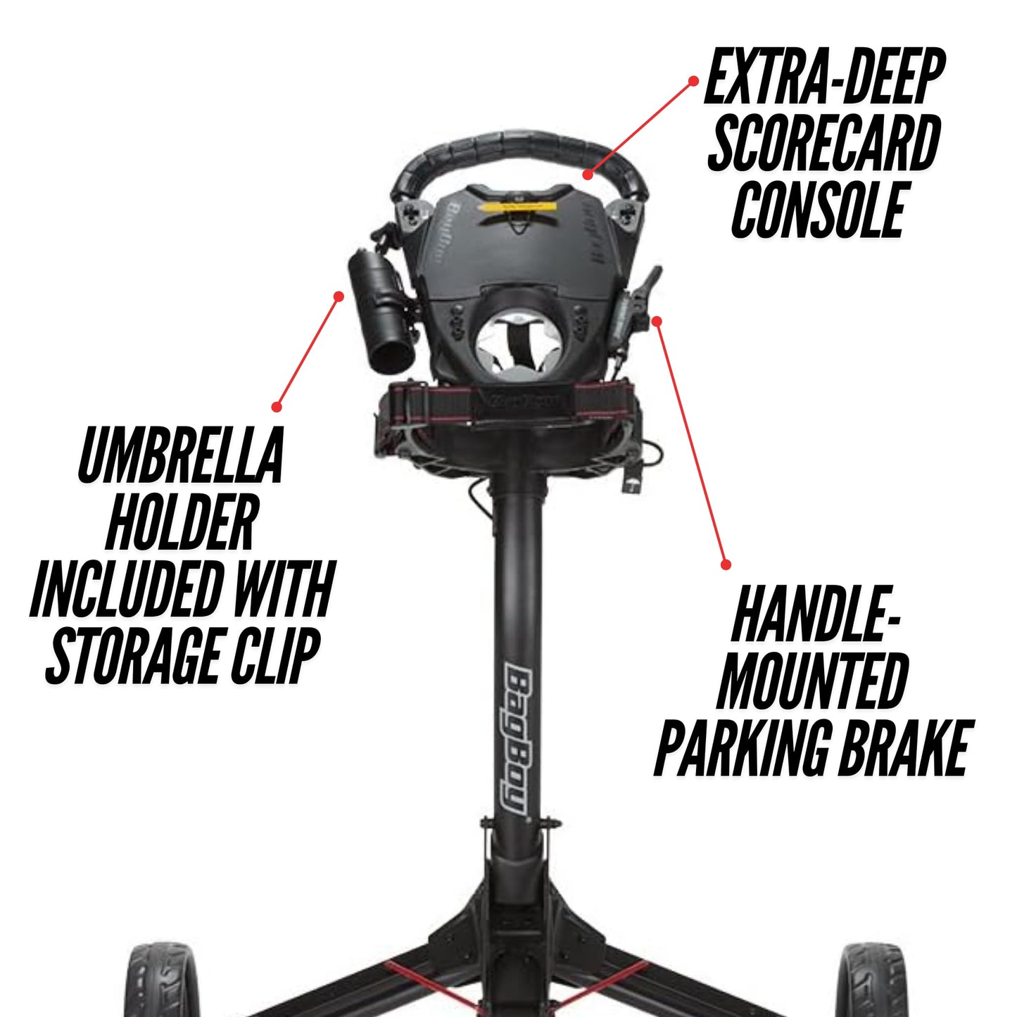 Bag Boy Compact 3 Golf Push Cart, Easy Three-Step Open & Close, Scorecard Console, Beverage Holder, Mobile Device Holder, Handle Mounted Parking Brake