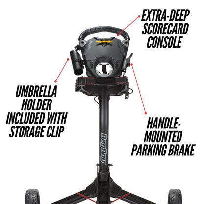 Bag Boy Compact 3, Three Wheel Golf Push Cart, Easy Three-Step Open & Close, Scorecard Console, Beverage Holder, Mobile Device Holder, Handle Mounted Parking Brake