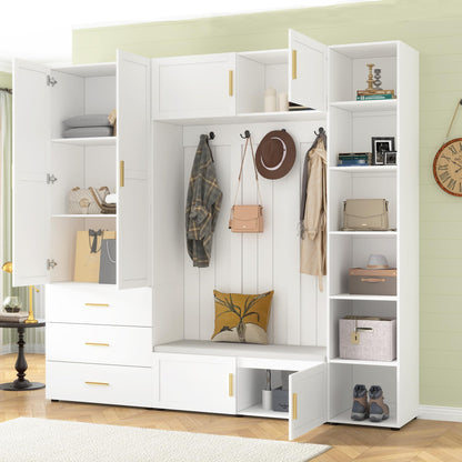 Amposei 94.49’’W Extra Large Hall Tree Cabinet with 6 Doors & 3 Drawers, Tall Entryway Organizer Shoe Storage Bench with 4 Coat Hooks & 6 Open Cubbies for Hallway Mudroom Living Room, White