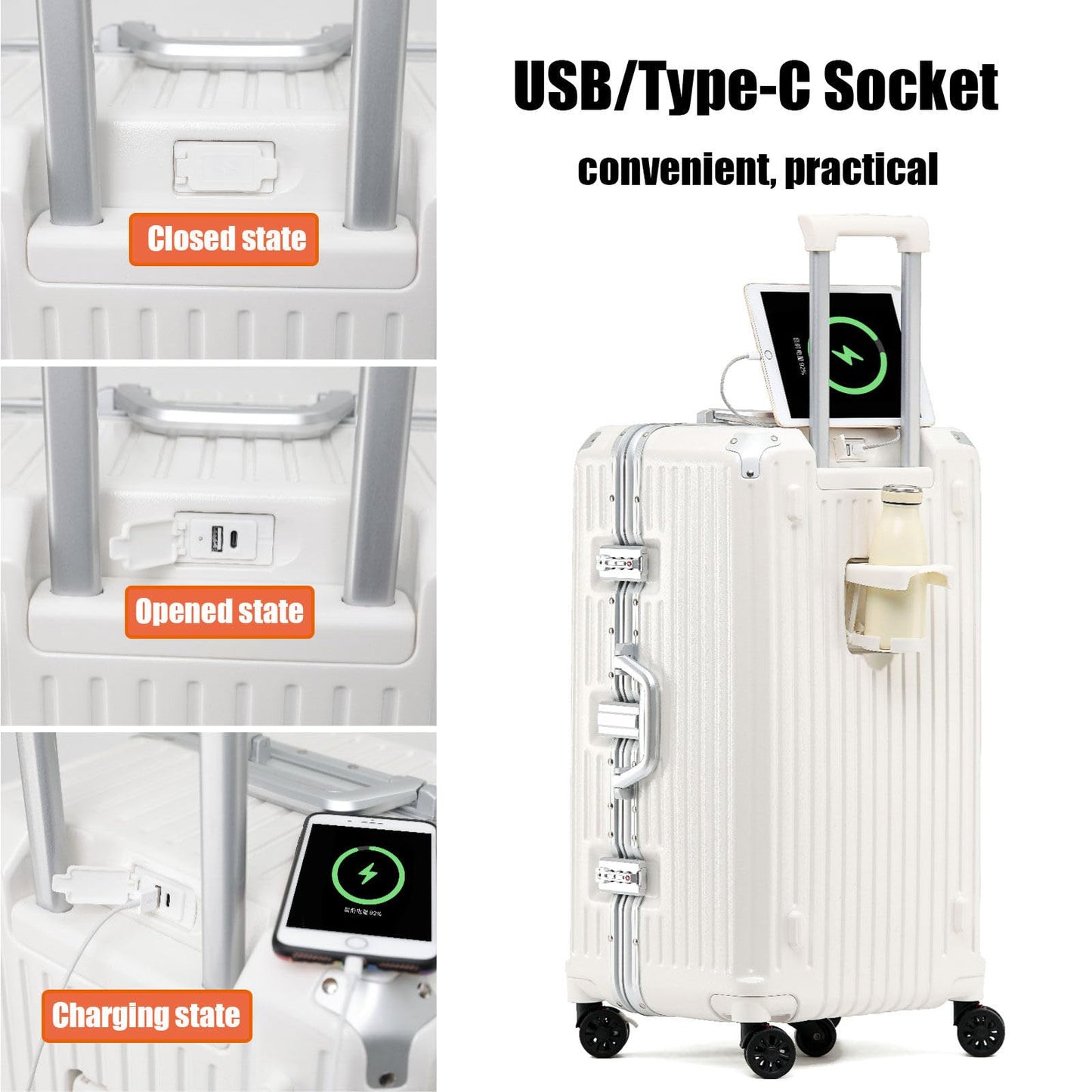 BEITH Hardside Luggage with USB, Type-C, Cup Holder, BS2298 Large Aluminum Frame Suitcase with 5 Wheels 360° Double Spinner, ABS+PC Alloy Box Shell, TSA Lock, Aluminum Lifting Rod, Durable