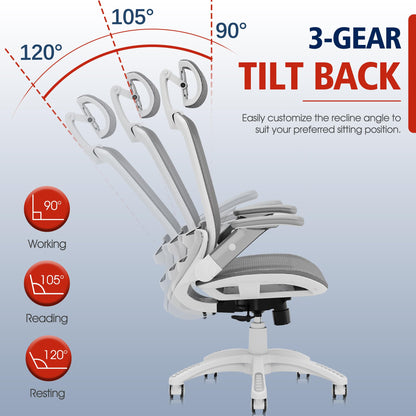 GABRYLLY Ergonomic Office Chair, High Back Home Desk Chair with Headrest, Flip-Up Arms, 90-120° Tilt Lock and Wide Cushion, 300LBS Mesh Chairs for Man Woman, White Task Chair(Dark Grey,GY01WDG)