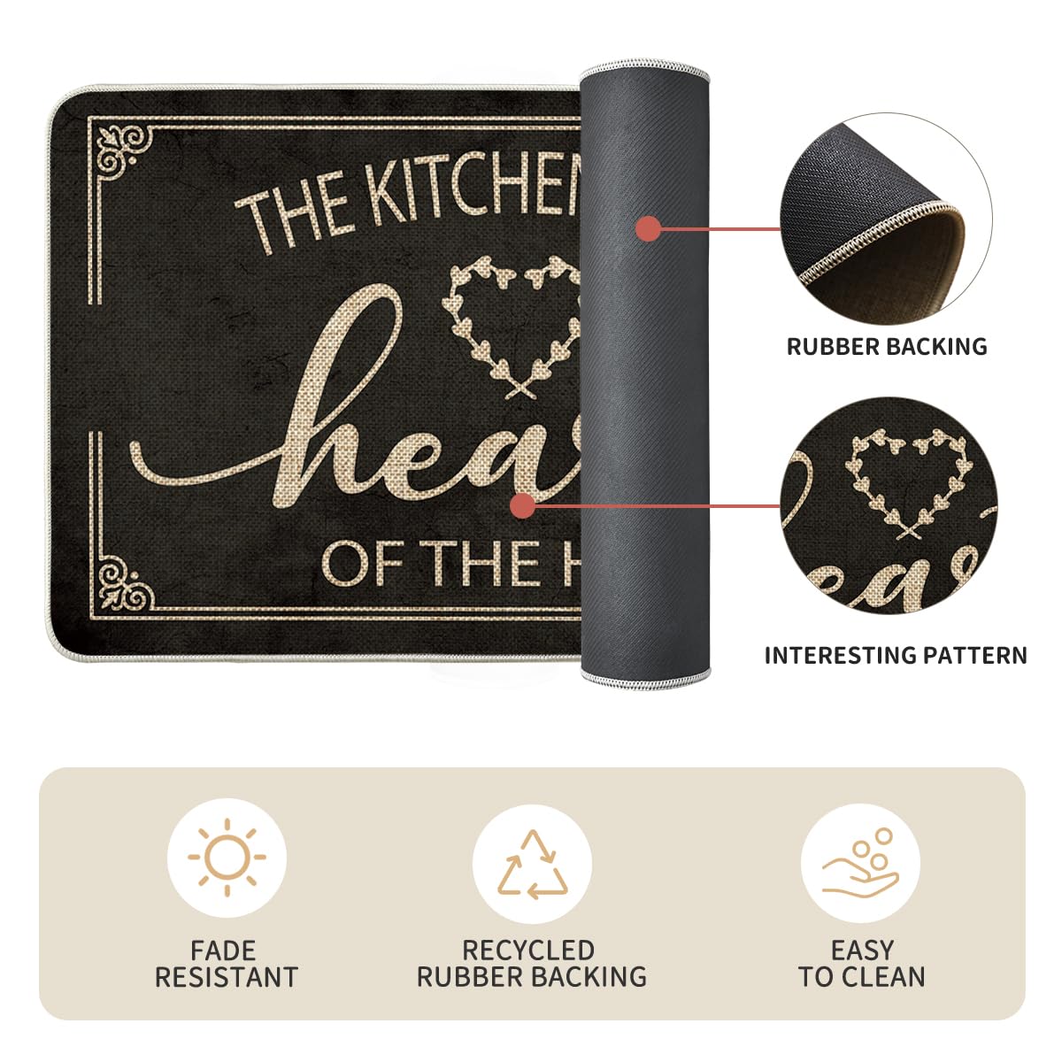 Artoid Mode Black Cooking Sets Kitchen Mats Set of 2, Seasonal The Kitchen is The Heart of The Home Holiday Party Low-Profile Floor Mat for Home Kitchen - 17x29 and 17x47 Inch