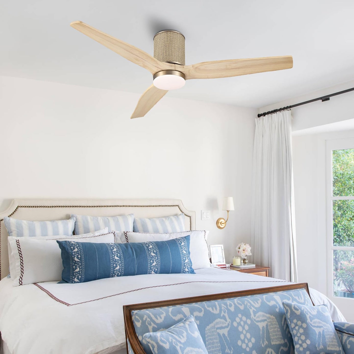 LEDLUX 52" Ceiling Fan with Light - Low Profile Flush Mount Ceiling Fan, 6-Speed Remote Control, Solid Wood, Quiet Reversible DC Motor, Boho Style, for Bedroom, Living Room, Porch, Light Oak/Gold