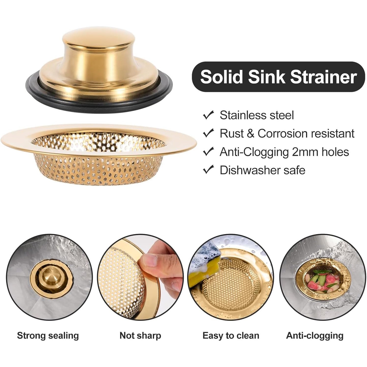 RQYEKDO Kitchen Sink Strainers Sink Stopper Kits, Stainless Steel Sink Drain Strainer Set, Large Wide Rim 4.4" Diameter Food Catcher Garbage Disposal Plug for Most Sink Drains Basket Filter (Gold)