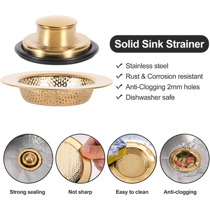 RQYEKDO Kitchen Sink Strainers Sink Stopper Kits, Stainless Steel Sink Drain Strainer Set, Large Wide Rim 4.4" Diameter Food Catcher Garbage Disposal Plug for Most Sink Drains Basket Filter (Gold)