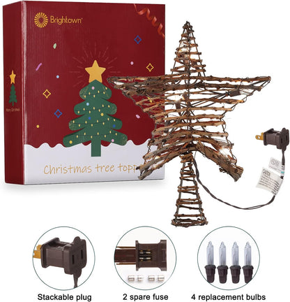 Rattan 3D Star Tree Topper, 12" Rustic Rattan Star with Built-in 10-Bulb String Lights for Christmas Decoration