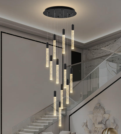 Upfelw Modern High Ceiling Crystal Chandelier 12-Lights, Large Spiral LED Raindrop Foyer Pendant Lighting, Bubble Staircase Living Room Hanging Light Fixture Flush Mount Black
