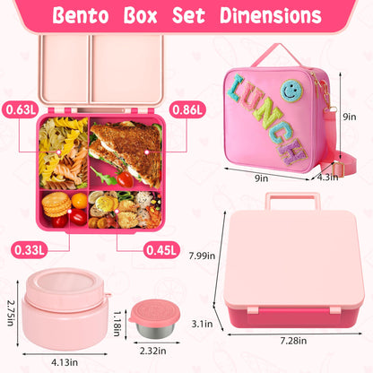 Aimsnk Kids Bento Lunch Box with 8oz Soup Thermo, Kids Leakproof Lunch Food Containers with 4 Compartment,Insulated Hot Food Jar with Lunch Bag for School, Travel (Pink)
