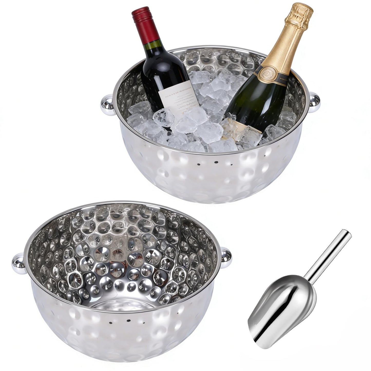 2 Set Ice Bucket for Freezer,Circle Stainless Steel Ice Cube Bin with Scoop＆Handle,Large Capacity Ice Container Champagne Bucket Carry Drink Storage Cooler,Halloween Ice Buckets for Partie