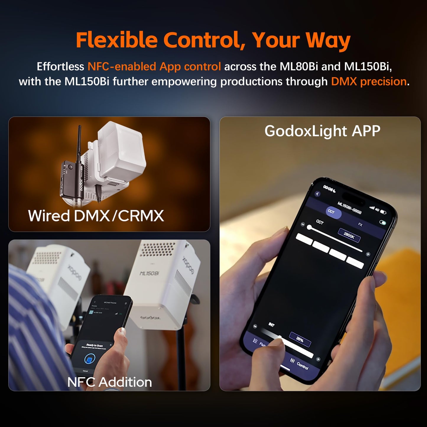 GODOX ML150BI LED Video Light BI-Color 2800K-6500K,Portable Handheld Led Photo Monolight,CRI 96+ TLCI 97+,61054Lux@1m,Support NFC&APP, for Photographers,Filmmakers,Studios